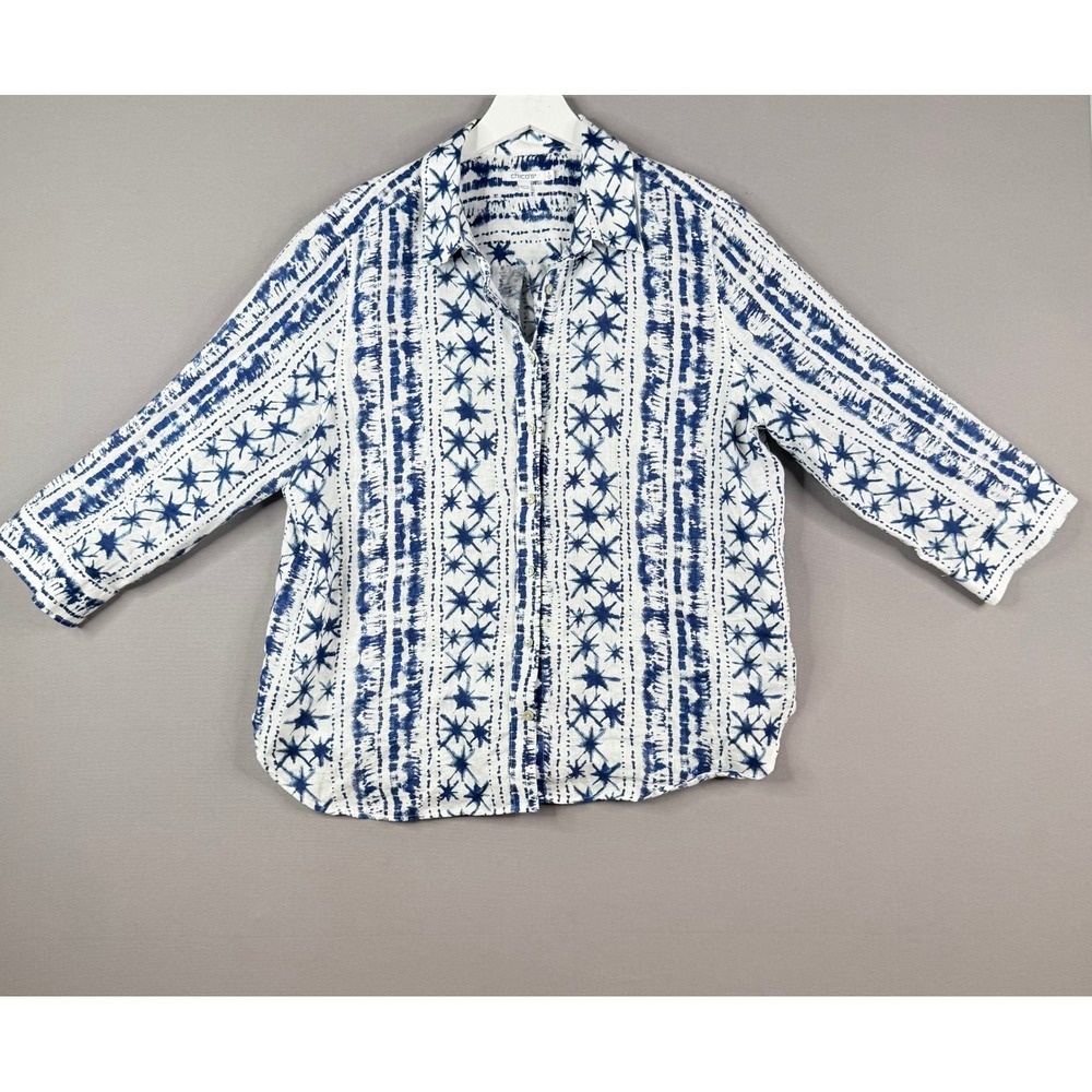Chico's Button Down Shirt Women 3 XL Blue‎ White Linen Tie Dye Starburst Coastal